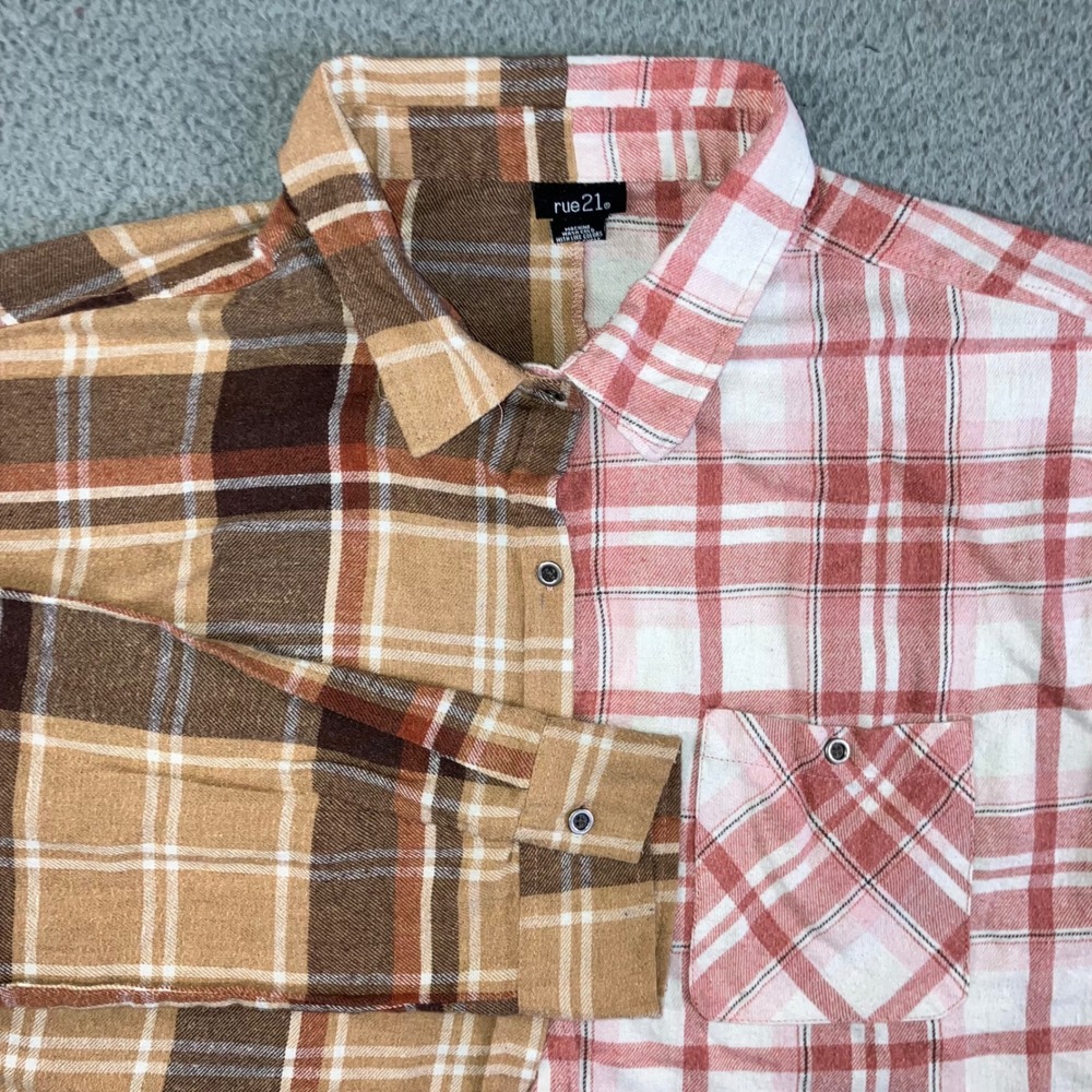 Cropped Button Up Shirt Womenโ XL Split Plaid Two Tone Raw Hem Western Flannel